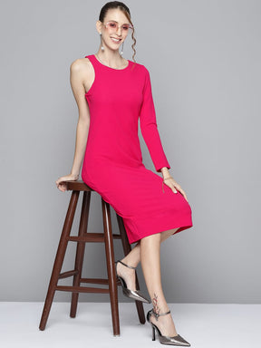 Women Fuchsia One Side Sleeve Bodycon Dress-Dress-SASSAFRAS