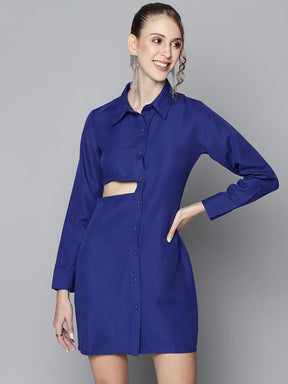 Women Royal Blue Side Cut-Out Shirt Dress-Dress-SASSAFRAS
