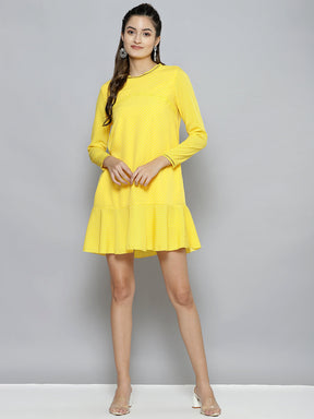 Women Yellow Pin Dot Frill Hem Dress
