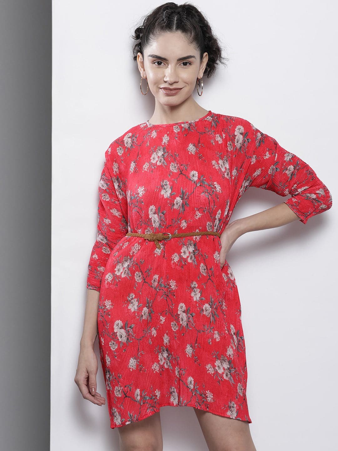 Red Floral Pleated Chinon Bodycon Dress-SASSAFRAS