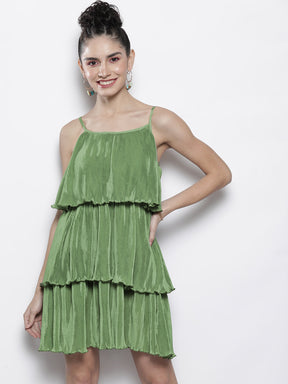 Women Olive Pleated Chinon Frill Dress