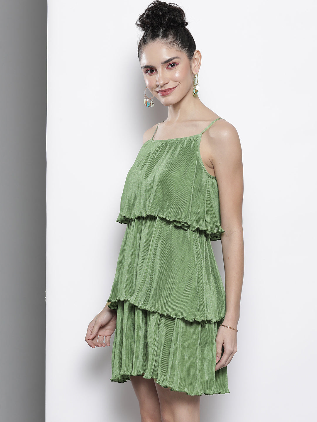 Women Olive Pleated Chinon Frill Dress