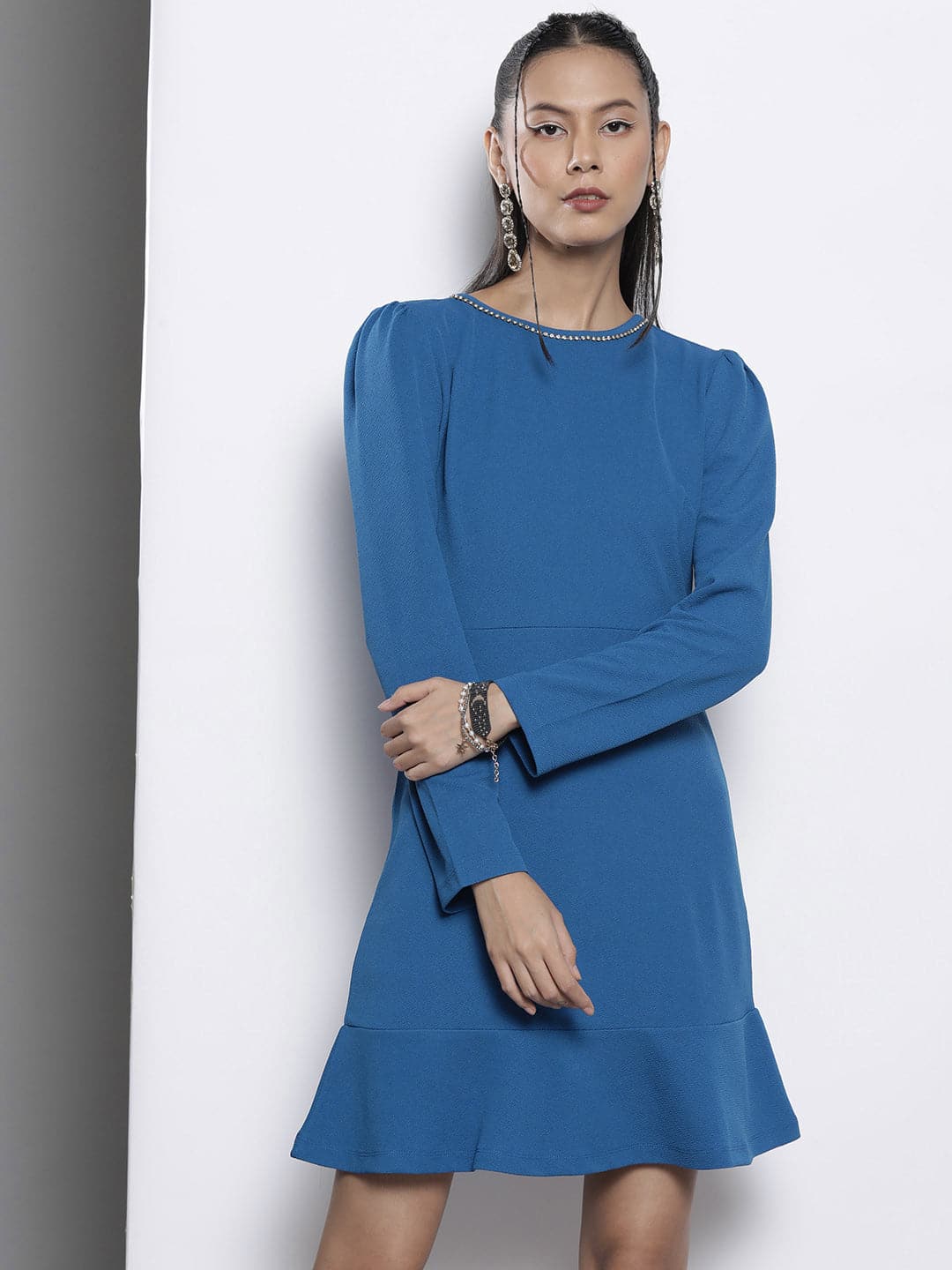Blue Frill Hem Knit Dress-SASSAFRAS