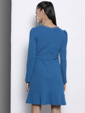 Women Blue Frill Hem Knit Dress