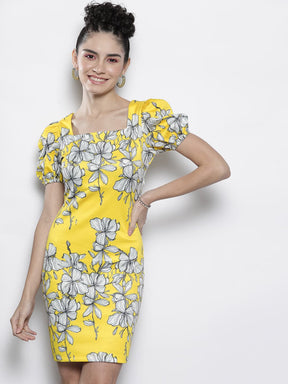 Yellow Floral Scuba Bodycon Dress-SASSAFRAS