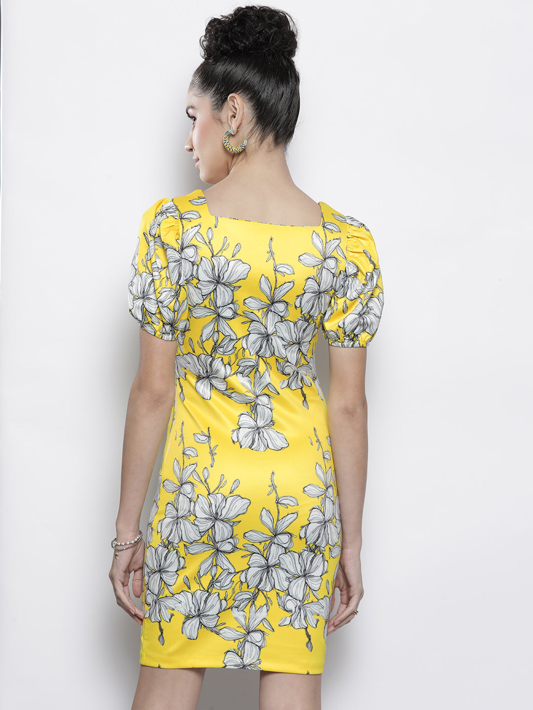 Women Yellow Floral Scuba Bodycon Dress
