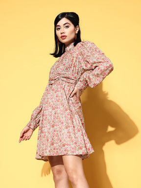 Women Beige & Pink Ditsy Floral Cuff Sleeves Dress