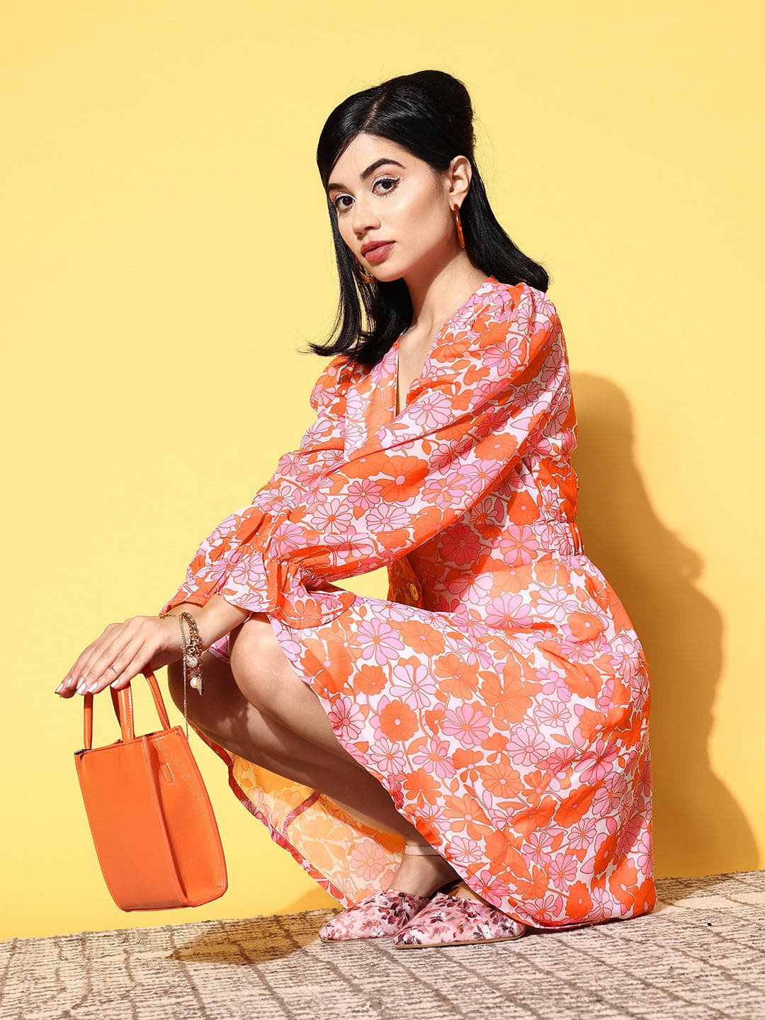 Orange & Pink Floral Front Button Dress-SASSAFRAS