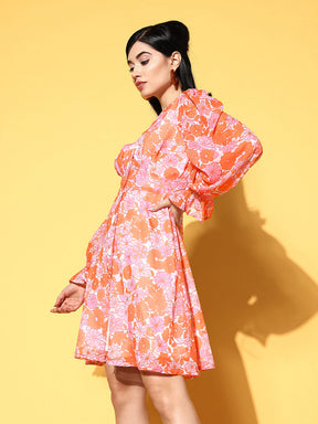 Women Orange & Pink Floral Front Button Dress