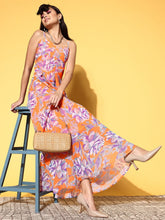 Orange & Purple Floral Box Pleat Strappy Maxi Dress-SASSAFRAS