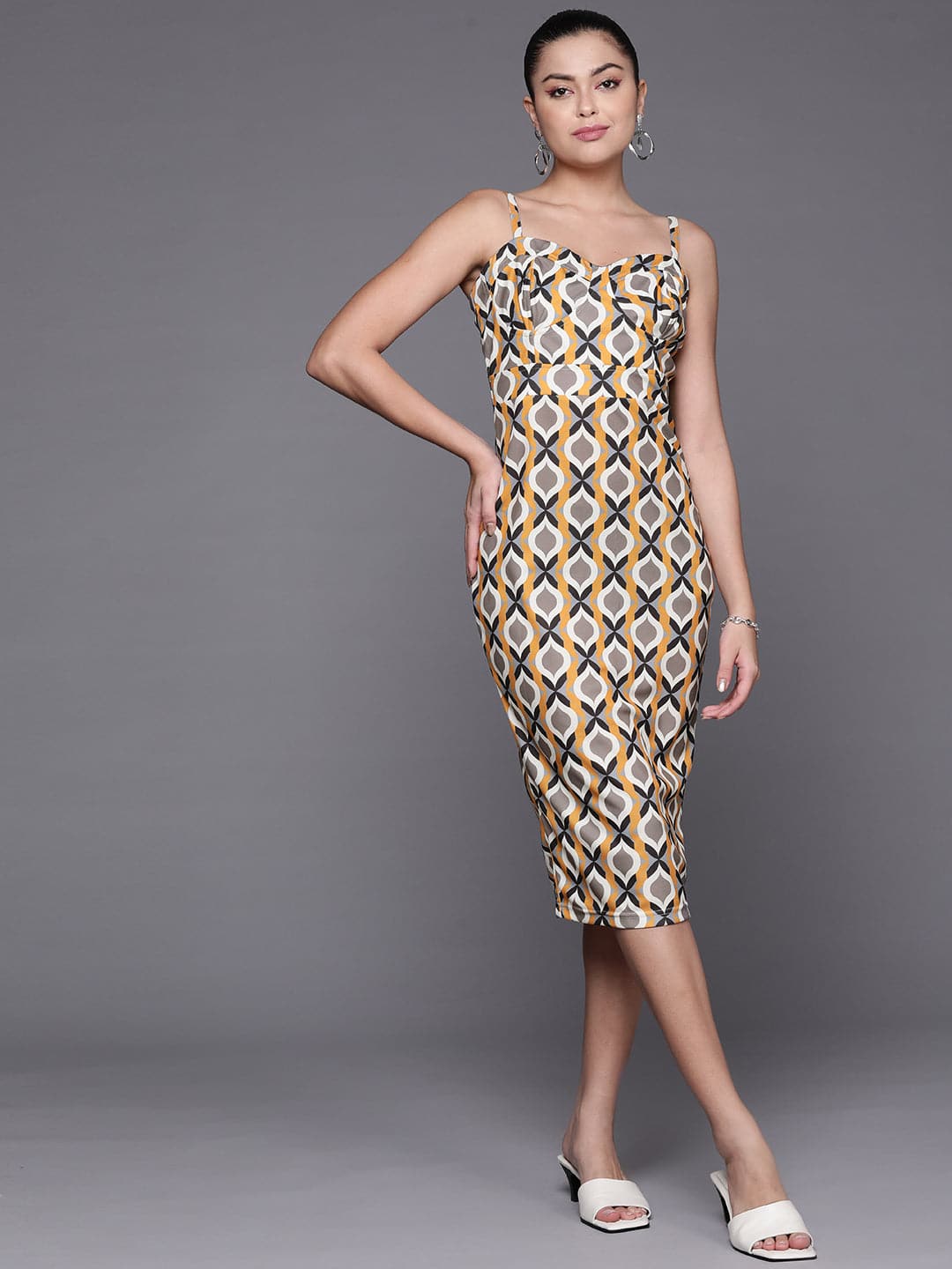 Mustard Geometric Corset Bodycon Dress-SASSAFRAS