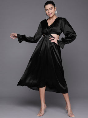Black Satin Cut Out Midi Dress-SASSAFRAS
