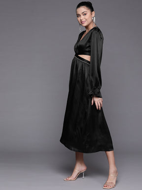 Women Black Satin Cut Out Midi Dress