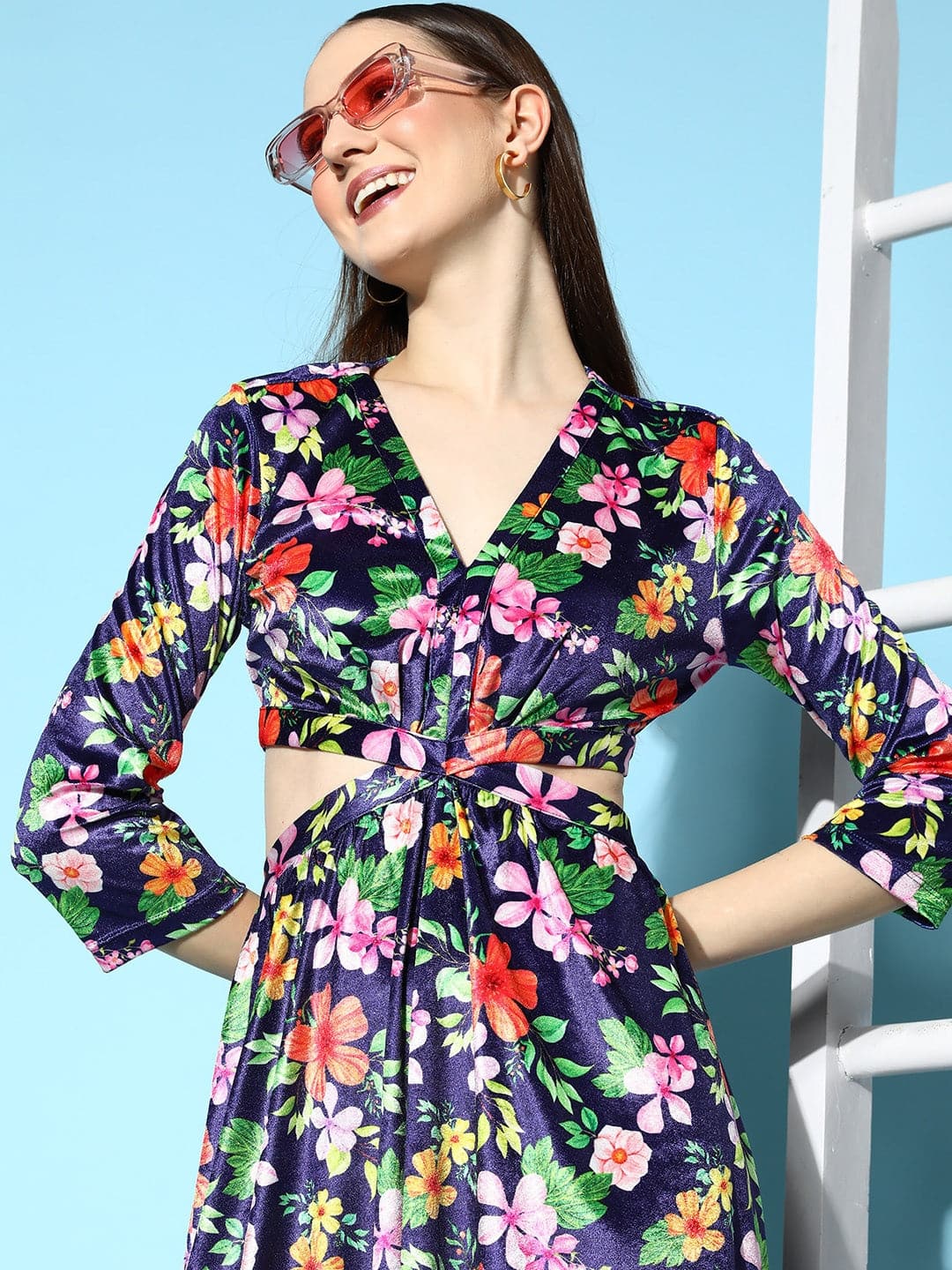 Navy Floral Velvet Side Cut-Out Midi Dress-SASSAFRAS