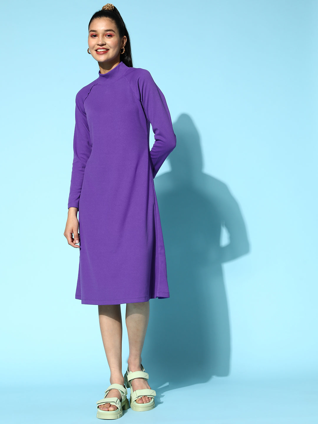 Purple Rib High Neck A- Line Midi Dress-SASSAFRAS