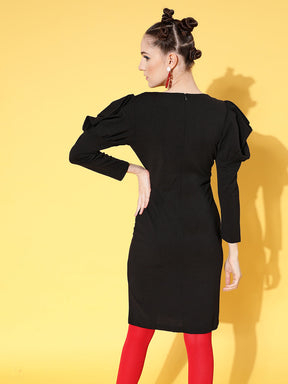 Black Canton Puff Sleeves Mini Bodycon Dress-SASSAFRAS