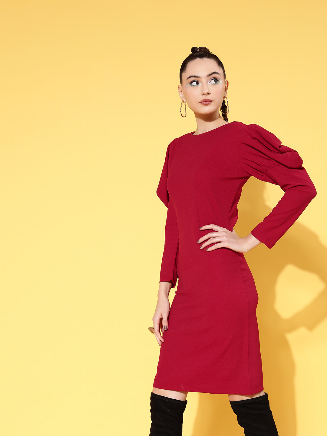 Red Canton Puff Sleeves Mini Bodycon Dress-SASSAFRAS