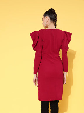 Red Canton Puff Sleeves Mini Bodycon Dress-SASSAFRAS