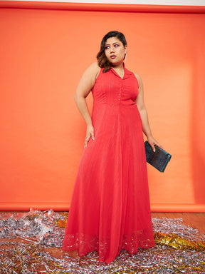 Red Chiffon Lurex Notched Collar Maxi Dress-SASSAFRAS Curve