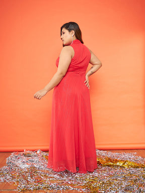 Red Chiffon Lurex Notched Collar Maxi Dress-SASSAFRAS Curve
