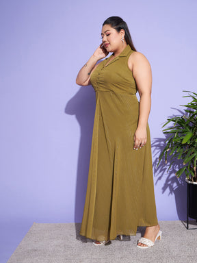 Green Chiffon Lurex Notched Collar Maxi Dress-SASSAFRAS Curve