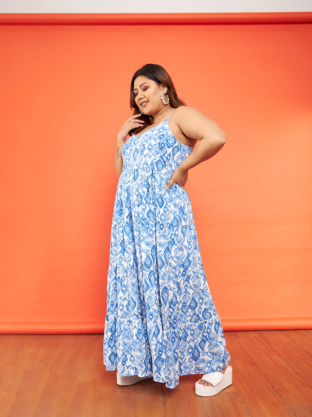 Blue & White Ikat Strappy Tiered Maxi Dress-SASSAFRAS Curve