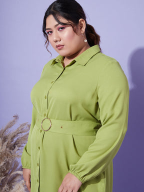 Green Front Open Button Shirt Dress-SASSAFRAS Curve