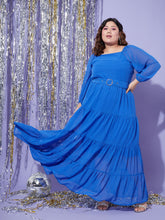 Blue Off Shoulder Tiered Maxi Dress-SASSAFRAS Curve