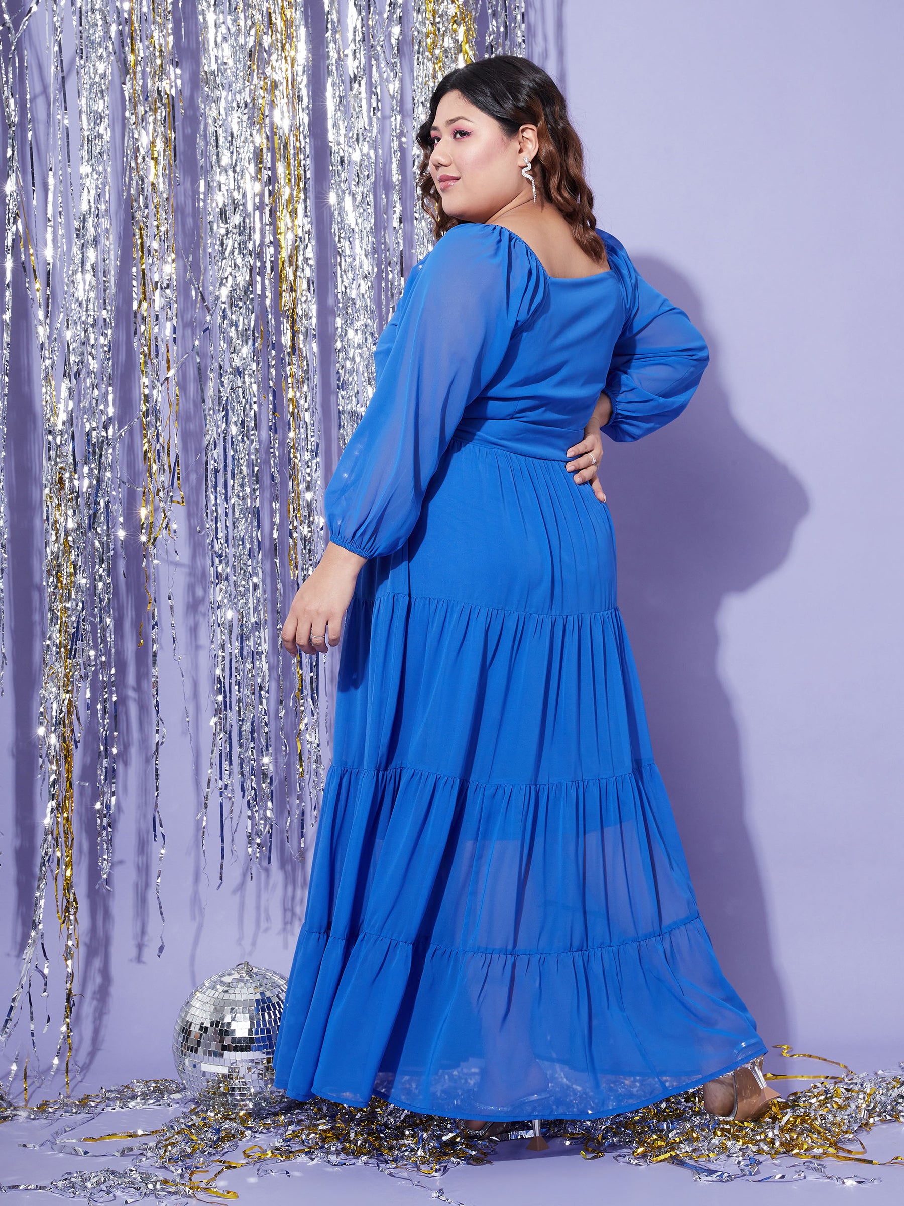 Women Blue Off Shoulder Tiered Maxi Dress