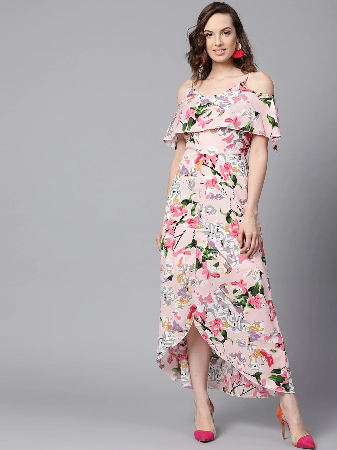Pink Floral Layered High Low Maxi Dress-Dress-SASSAFRAS