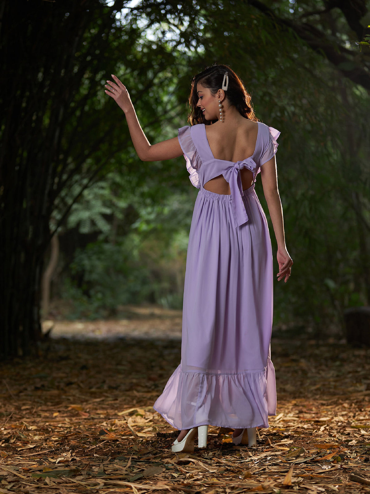 Lavender Square Neck Frill Hem Maxi Dress-SASSAFRAS
