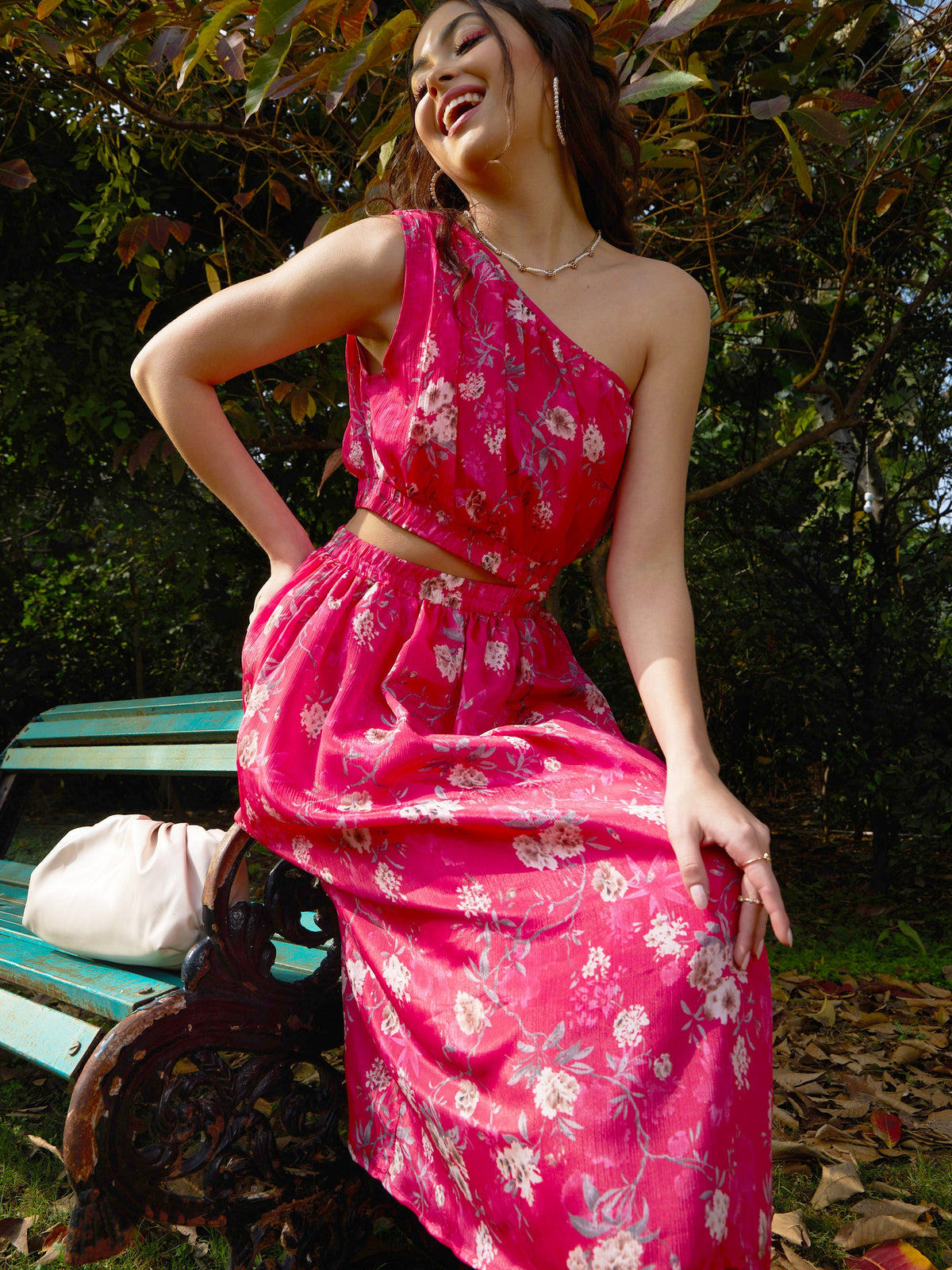 Pink Floral Chinon One Shoulder Side Cut-Out Dress-SASSAFRAS