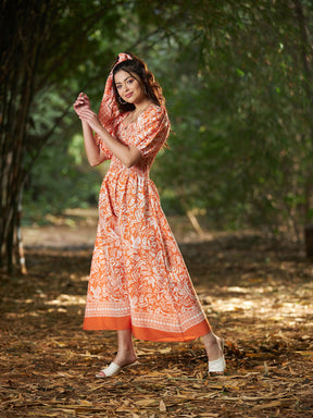 Orange Floral Puff Sleeve A-Line Midi Dress-SASSAFRAS