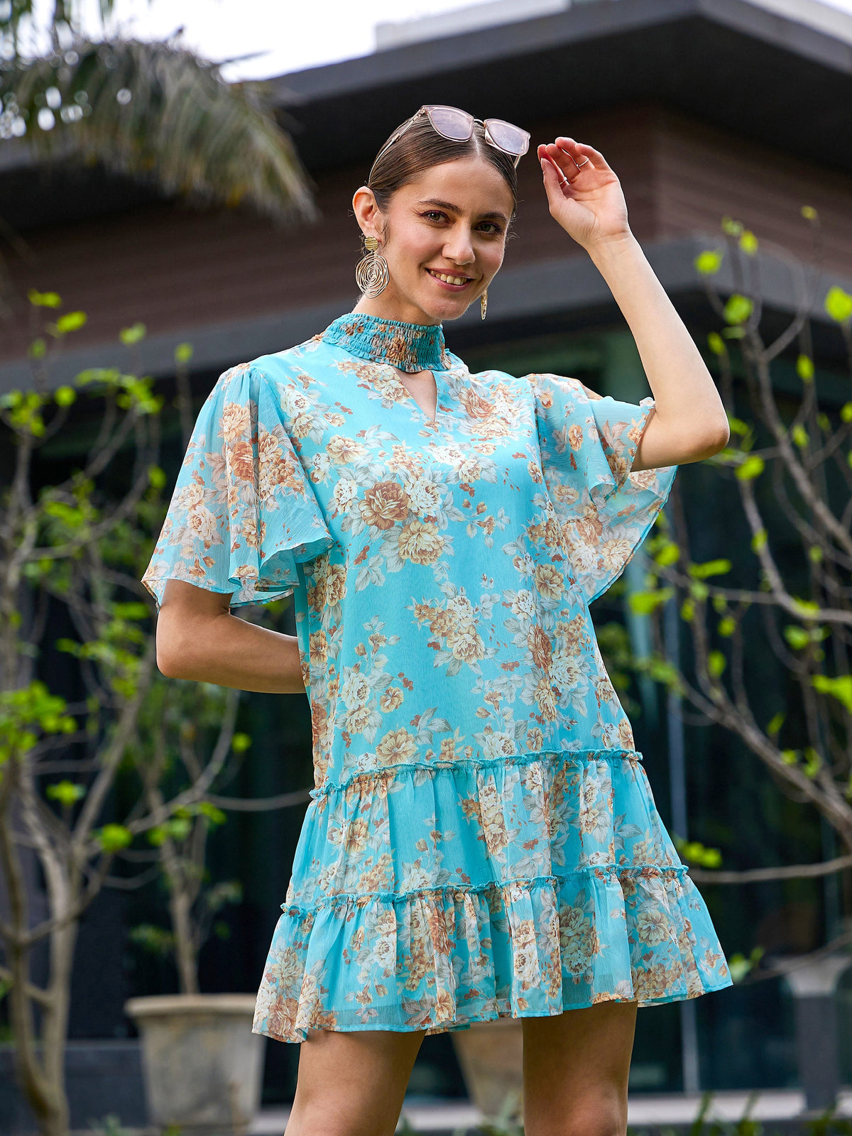 Turquoise Floral Tiered Short Dress-SASSAFRAS