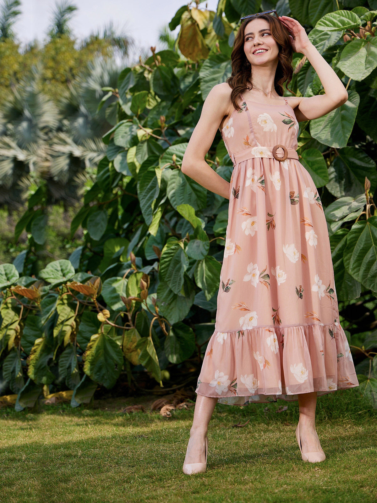 Nude Floral Belted Strappy Maxi Dress-SASSAFRAS