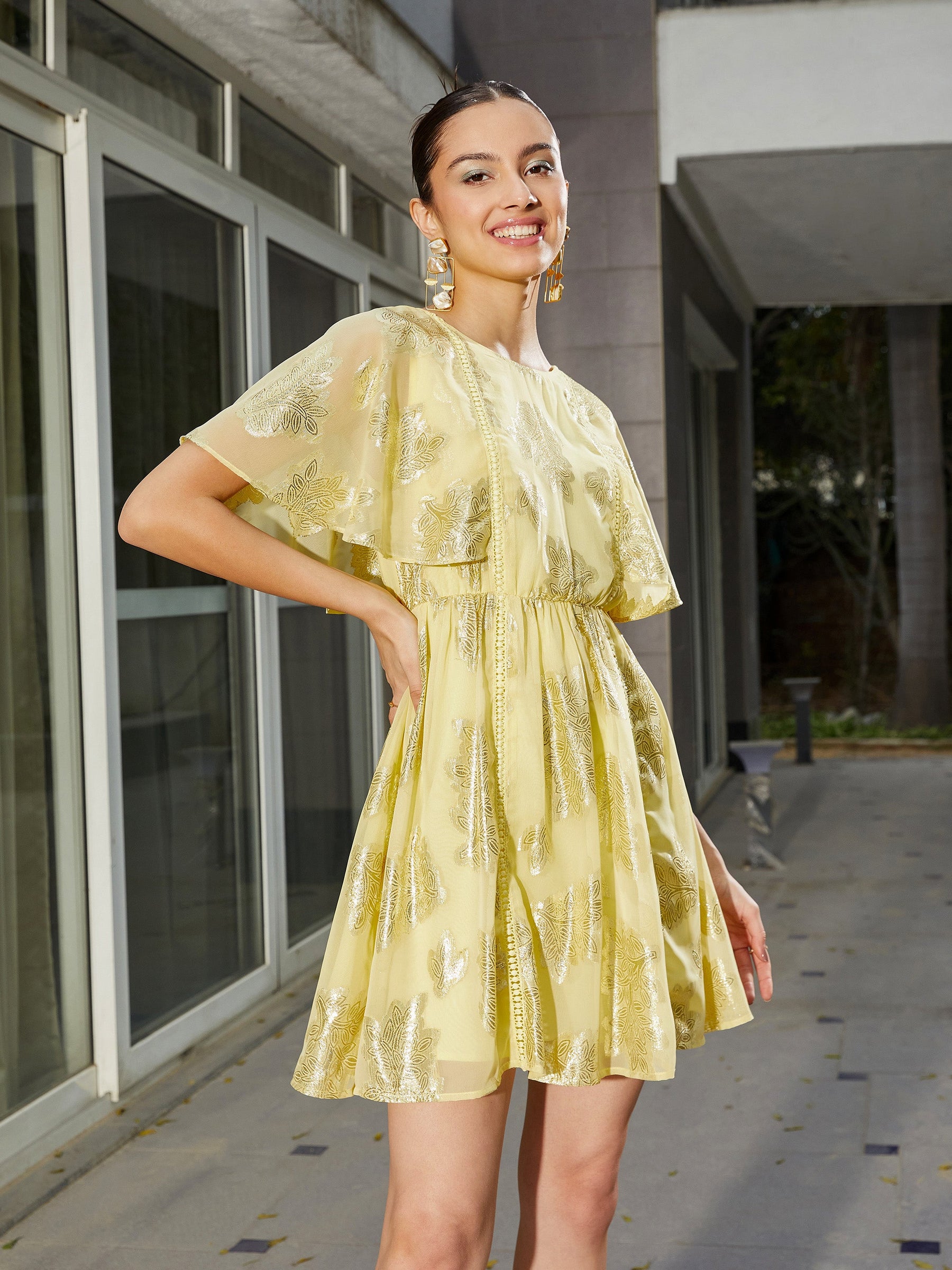 Yellow Jacquard Flared Short Dress-SASSAFRAS