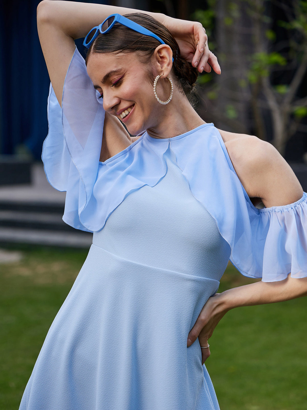Blue Sleeve Frill Detail Midi Dress-SASSAFRAS