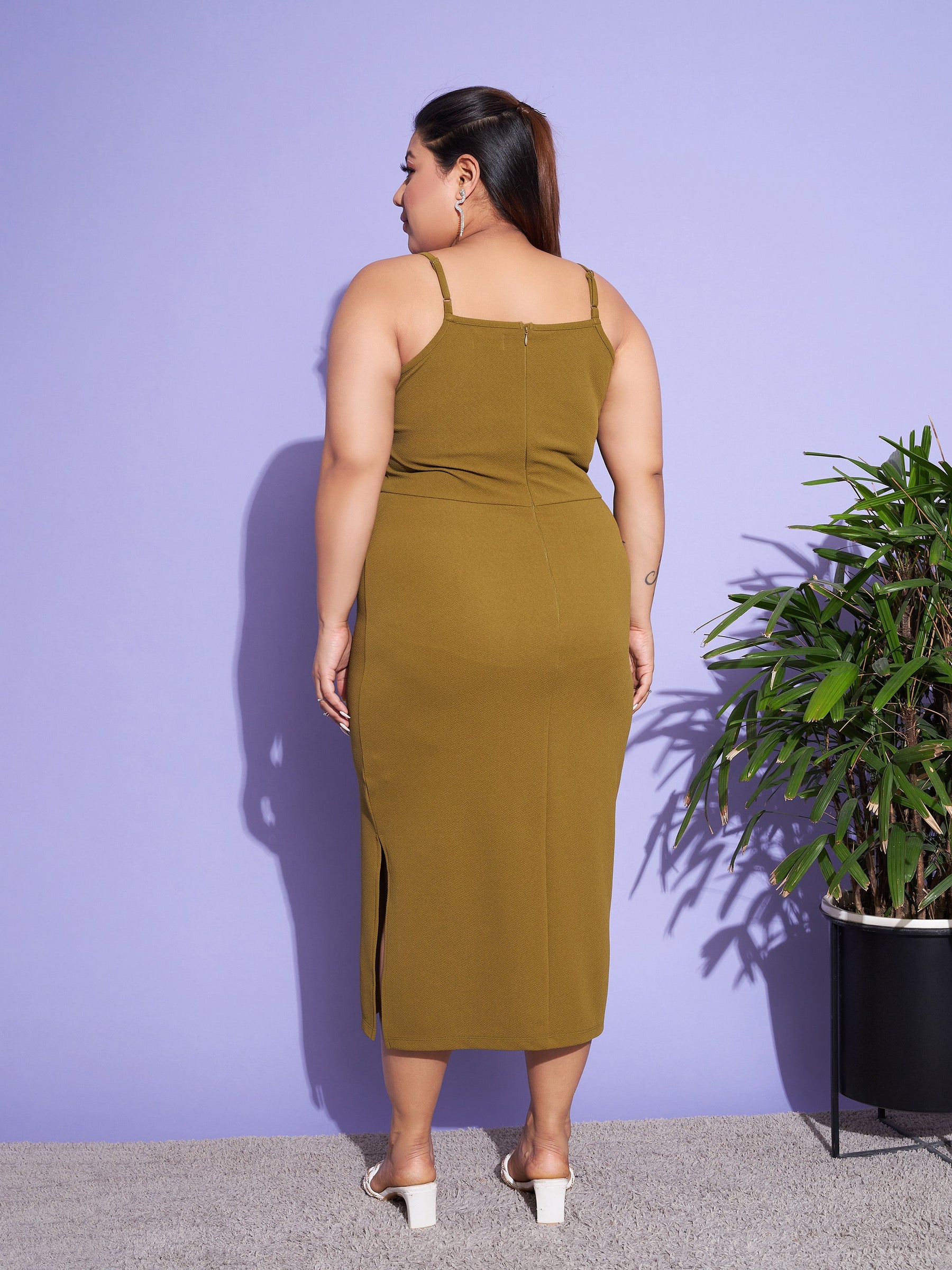 Olive Solid Strappy Dress With Shrug-SASSAFRAS Curve