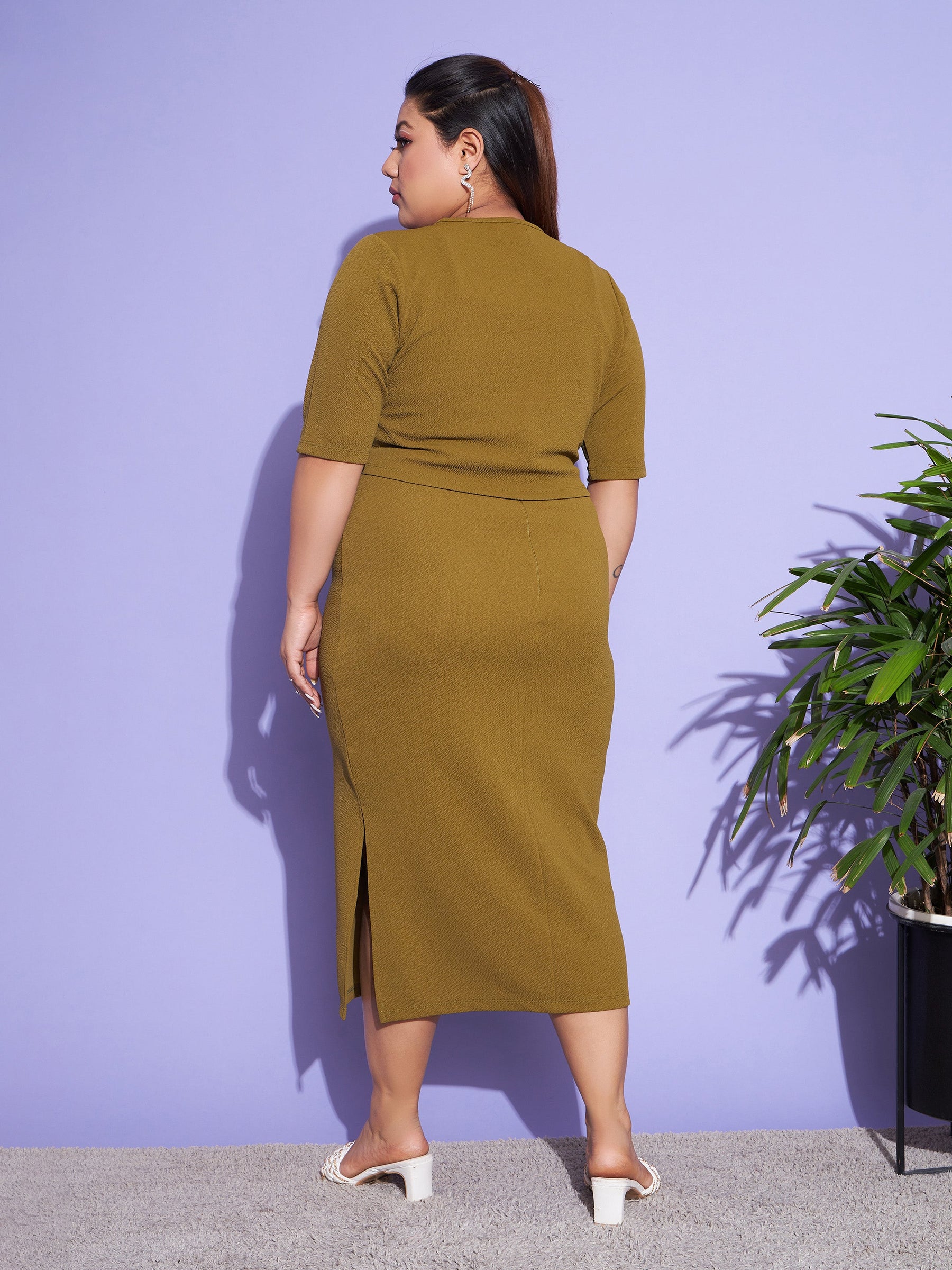 Olive Solid Strappy Dress With Shrug-SASSAFRAS Curve