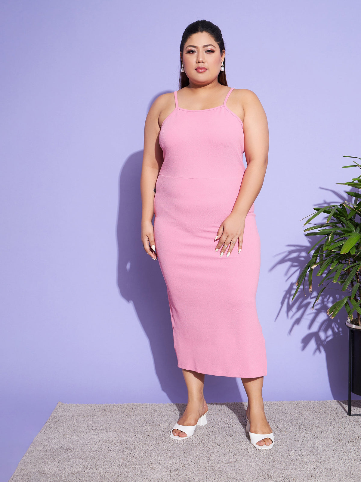 Pink Solid Strappy Dress With Shrug-SASSAFRAS Curve