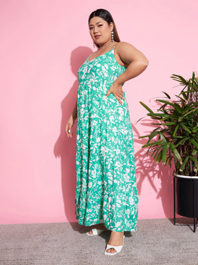 Green & White Floral Rayon Tiered Maxi Dress-SASSAFRAS Curve