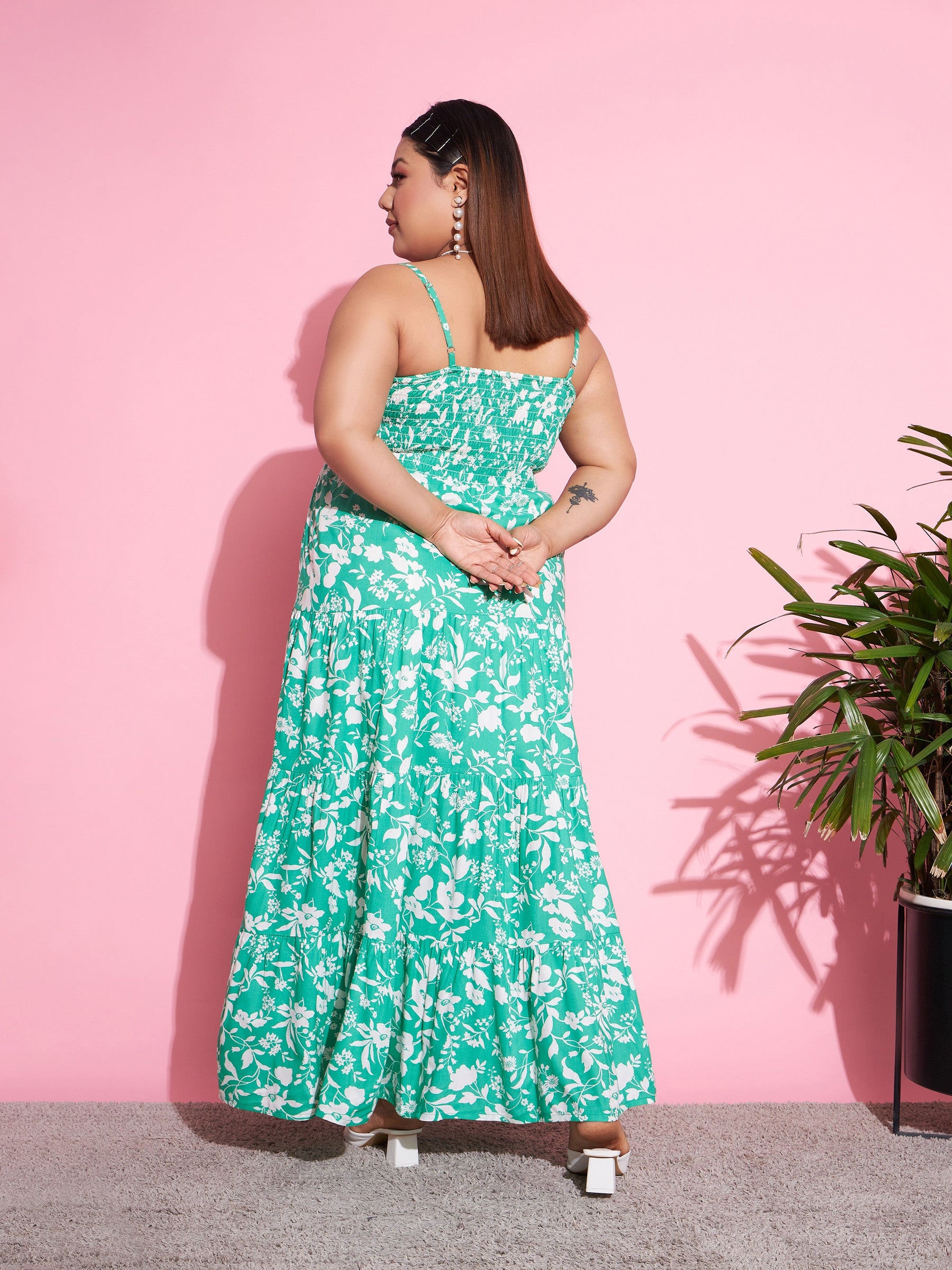Green & White Floral Rayon Tiered Maxi Dress-SASSAFRAS Curve