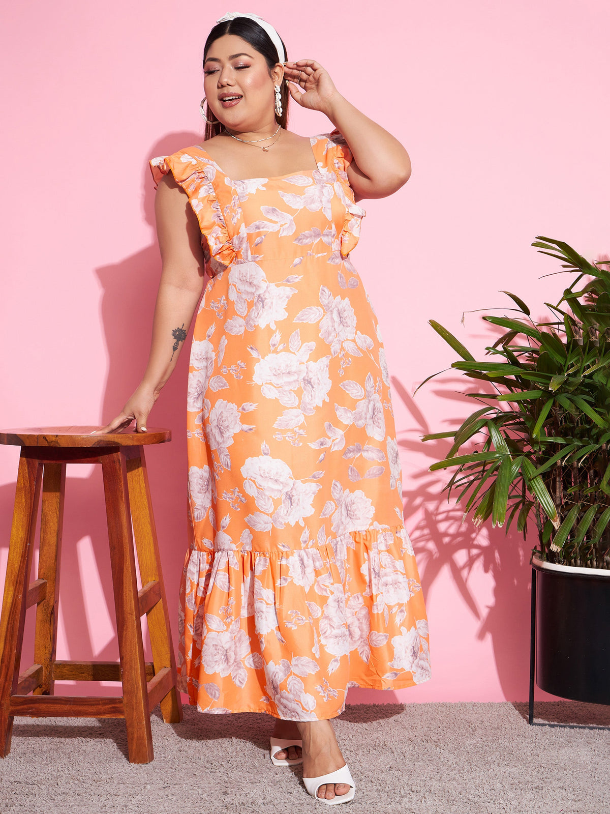 Orange Floral Back Cut-out Maxi Dress-SASSAFRAS Curve