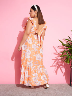 Orange Floral Back Cut-out Maxi Dress-SASSAFRAS Curve