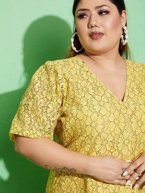 Yellow Lace Front Button Dress -SASSAFRAS Curve
