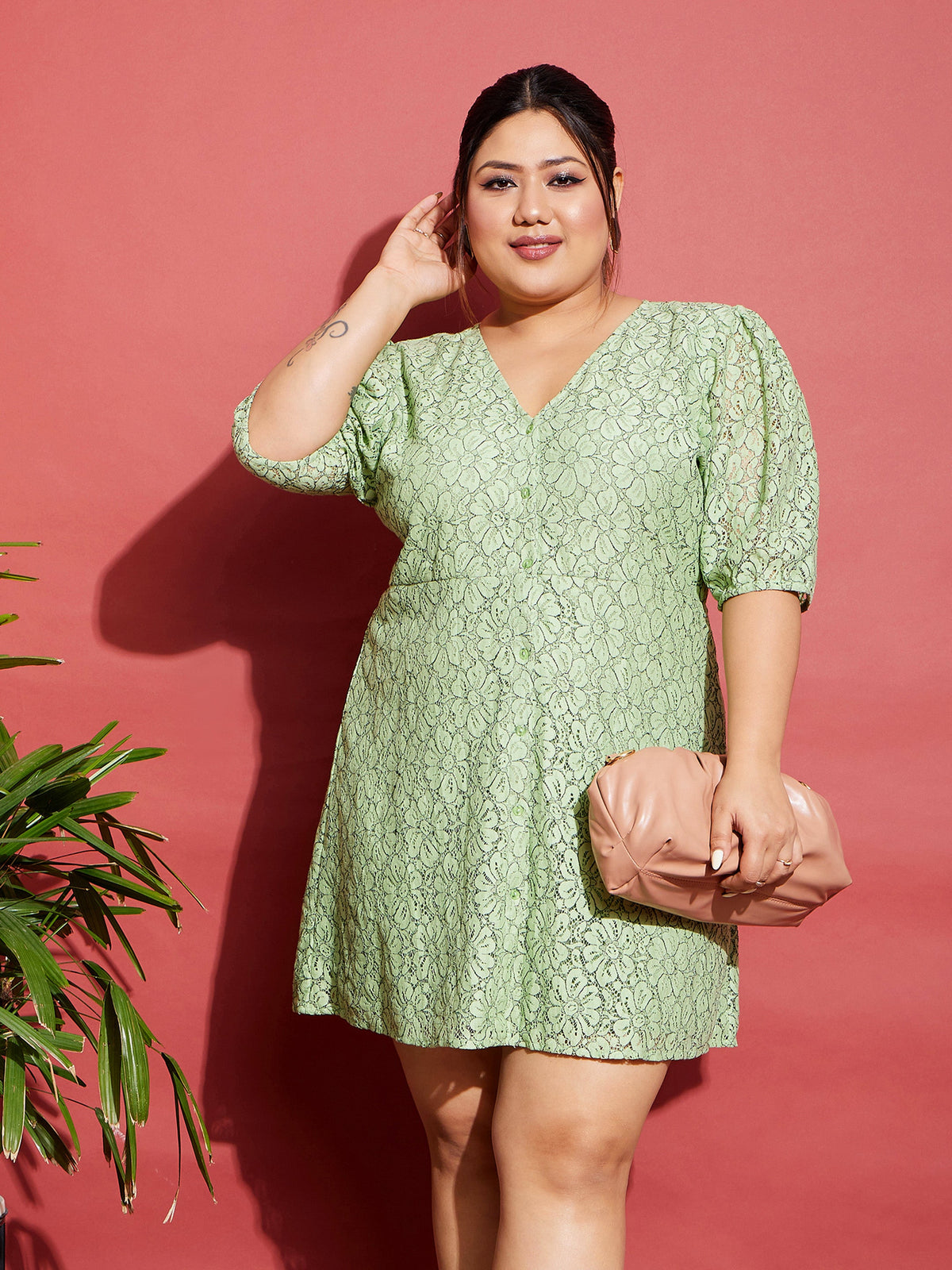 Green Lace Front Button Dress-SASSAFRAS Curve