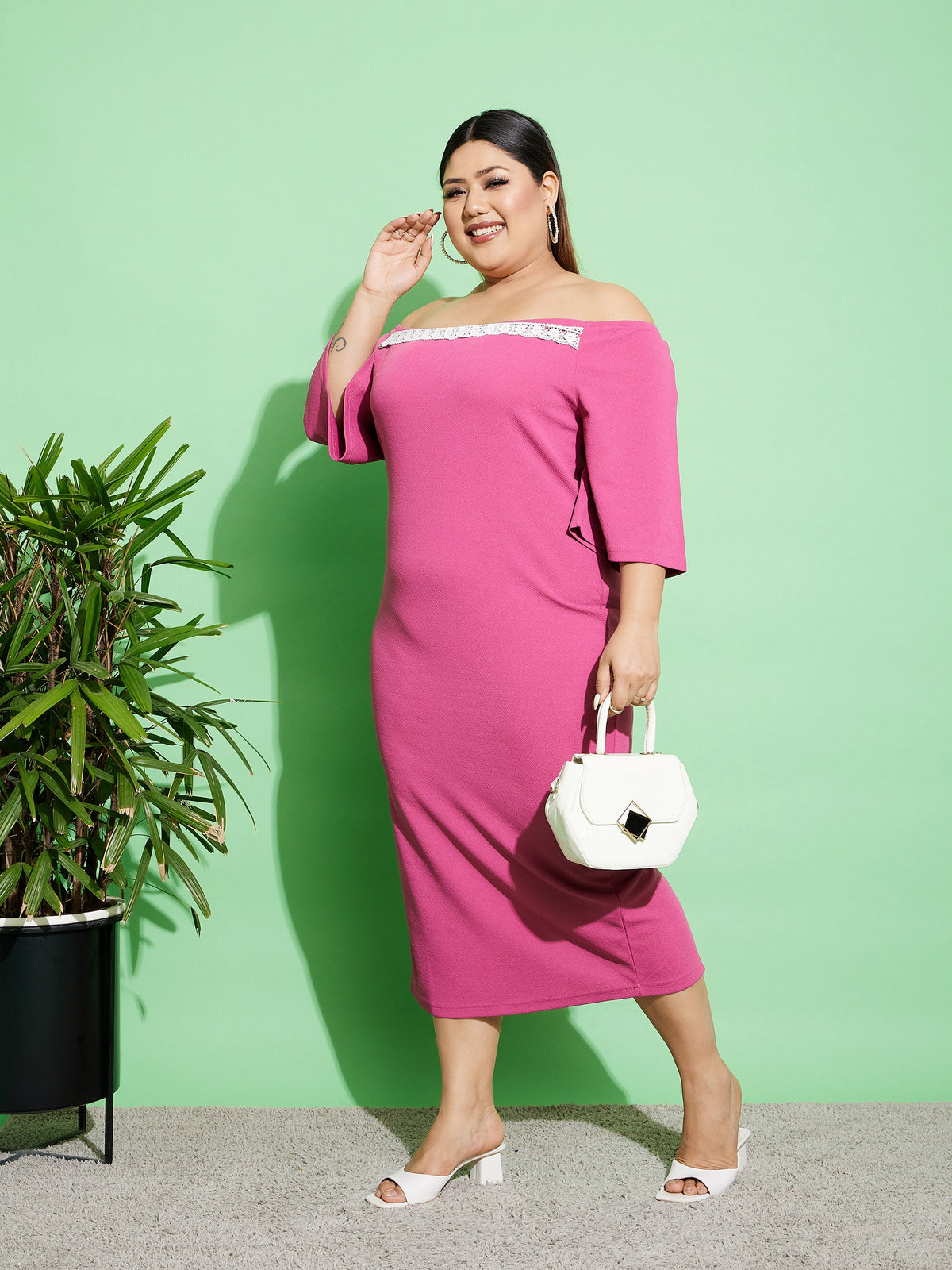 Pink Off Shoulder Bodycon Midi Dress-SASSAFRAS Curve
