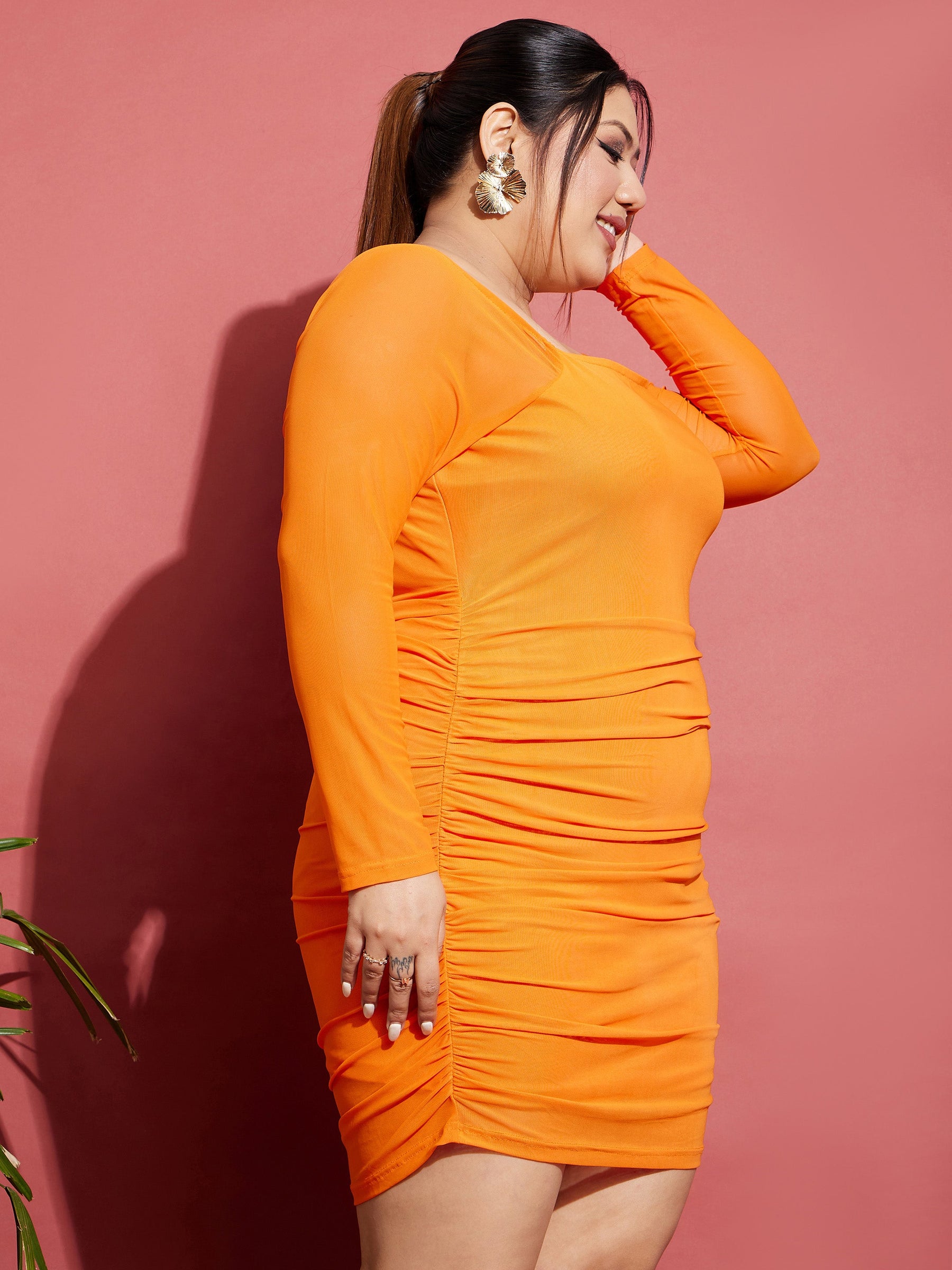 Orange Mesh Ruched Bodycon Dress-SASSAFRAS Curve