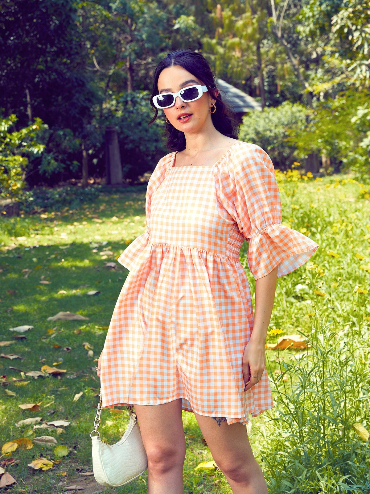 Peach Check Puff Sleeves Mini Dress-SASSAFRAS