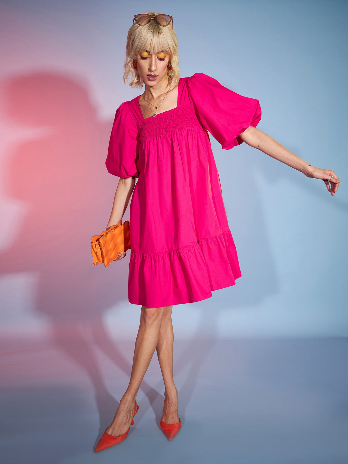 Pink Puff Sleeves Short Tiered Dress-SASSAFRAS